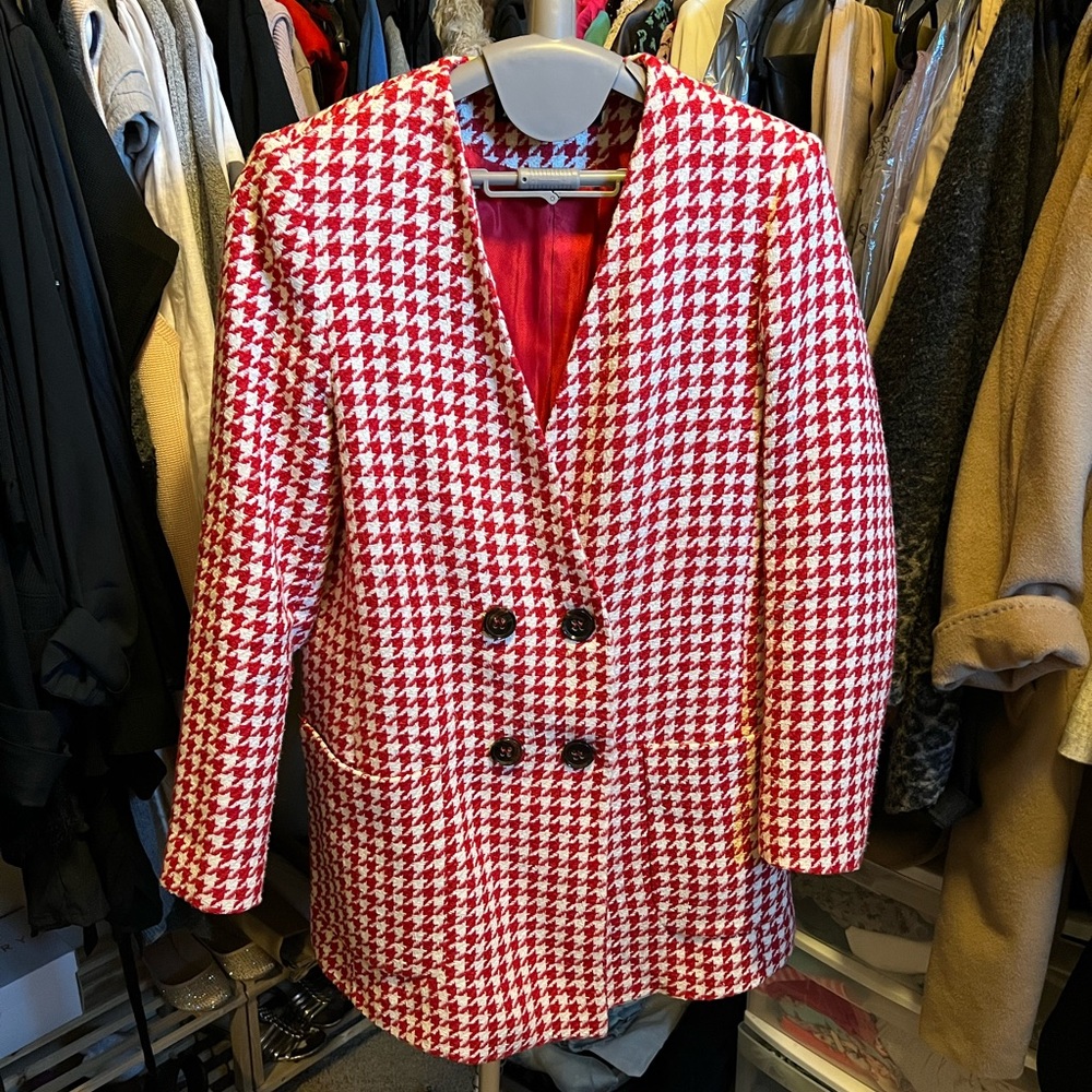 ZARA DOUBLE BREASTED Red HOUNDSTOOTH TEXTURED BLAZER - New without tag M